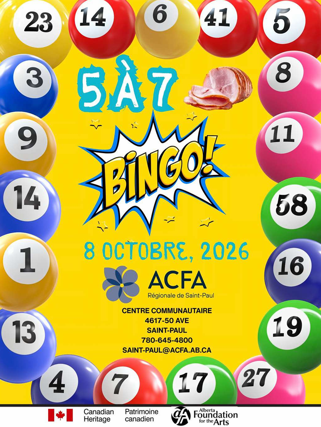 ACFA Regionale de Saint-Paul event poster for Bingo in St, Paul, Alberta, on October 8, 2026