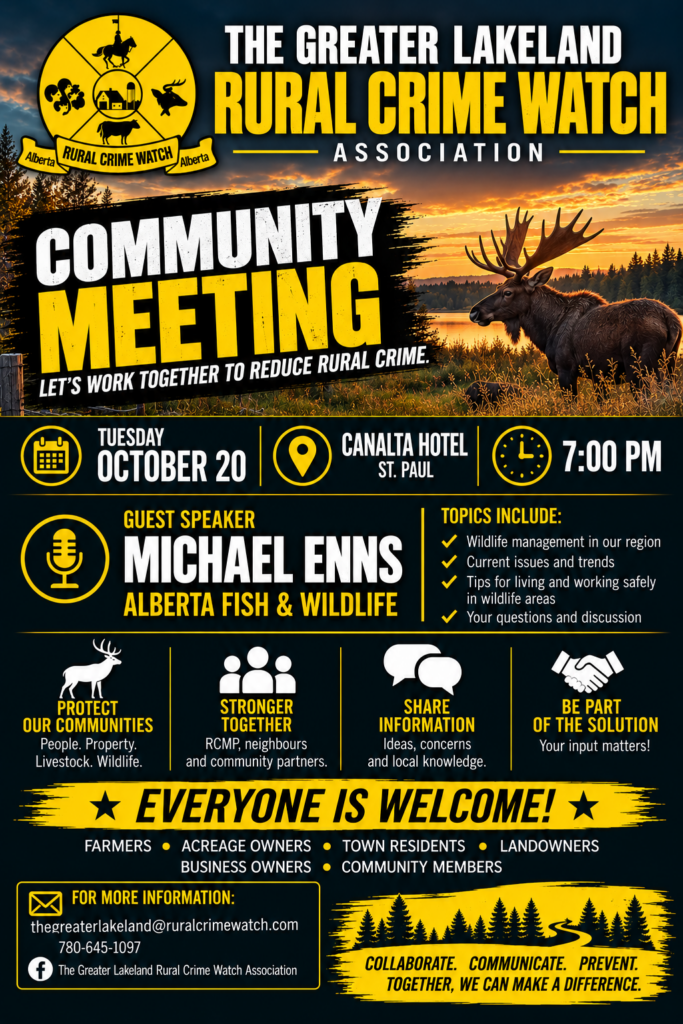 Greater Lakeland Rural Crime Watch event poster for a Community Meeting on October 20, 2026, in St. Paul, Alberta