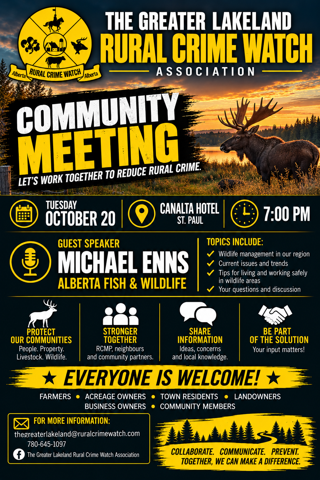 Greater Lakeland Rural Crime Watch event poster for a Community Meeting on October 20, 2026, in St. Paul, Alberta