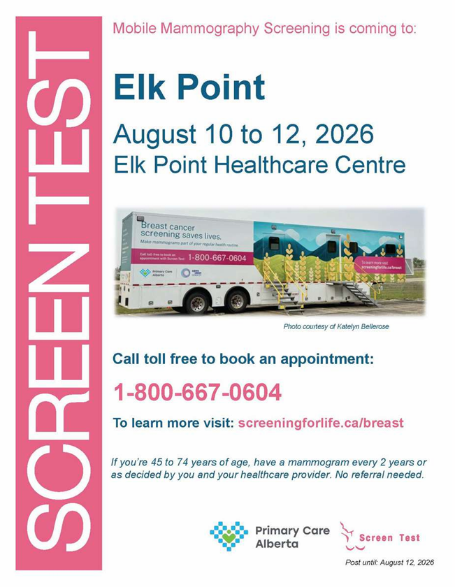 Primary Care Alberta event poster for Mobile Mammography Screening in Elk Point, Alberta, from August 10-12, 2026