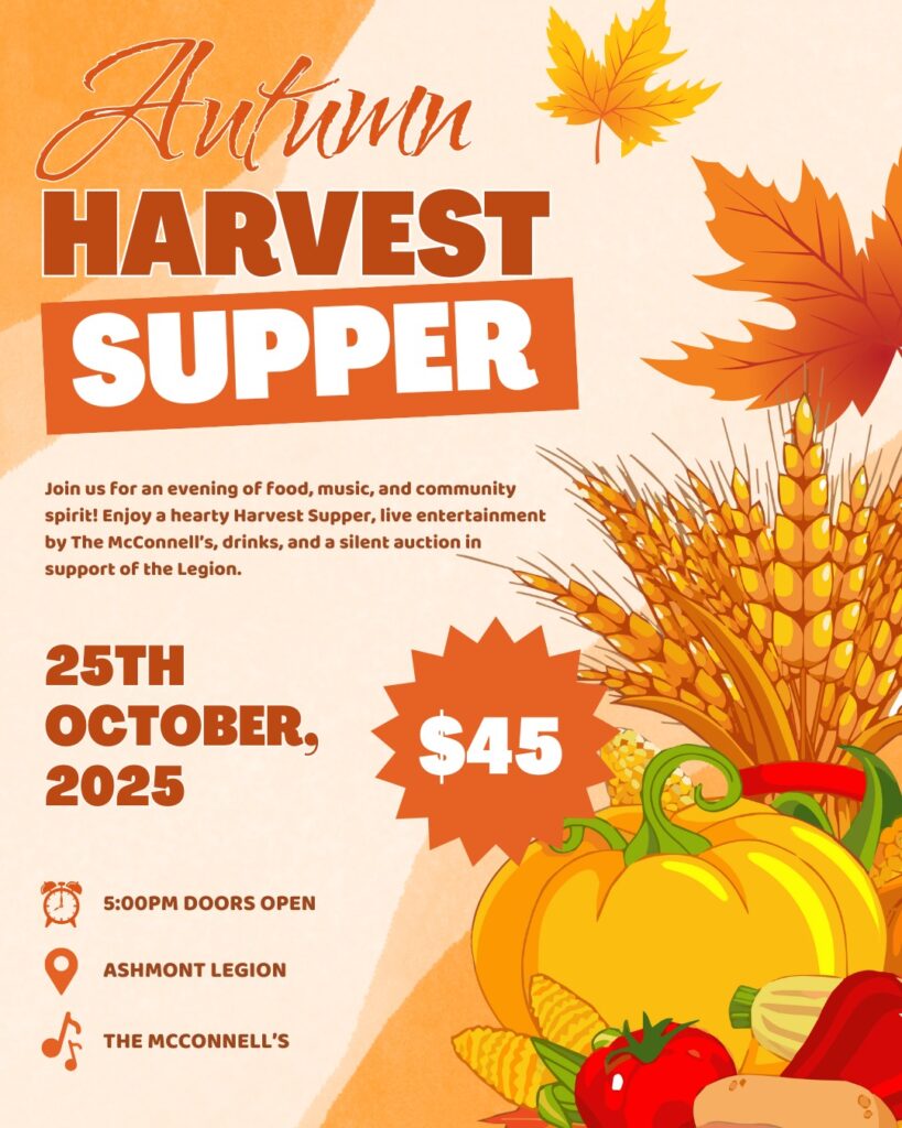 Ashmont Legion event poster for an Autumn Harvest Supper on October 25, 2025