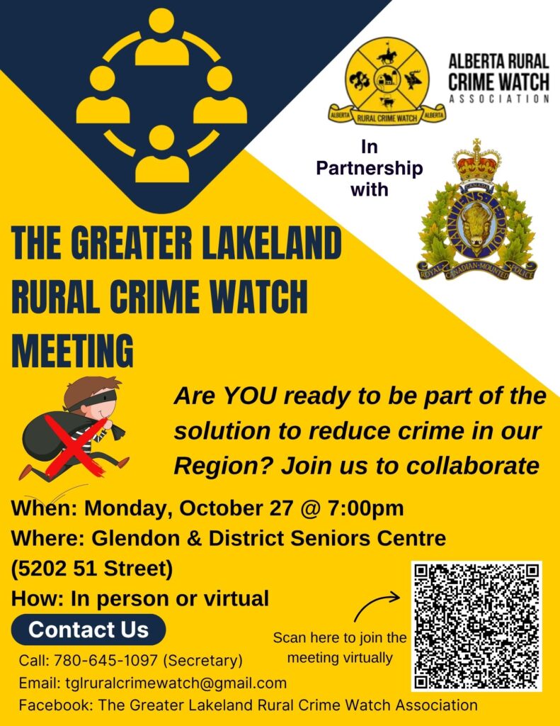 The Greater Lakeland Rural Crime Watch event poster for a Meeting on October 27, 2025, in Glendon, Alberta