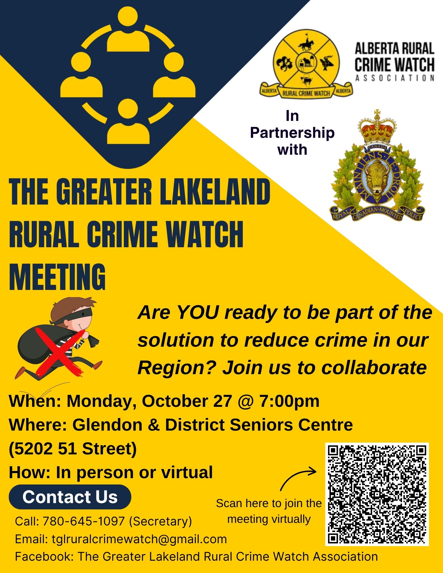 Crime Watch-Events-Meeting 20251027 The Greater Lakeland Rural Crime Watch event poster for a Meeting on October 27, 2025, in Glendon, Alberta