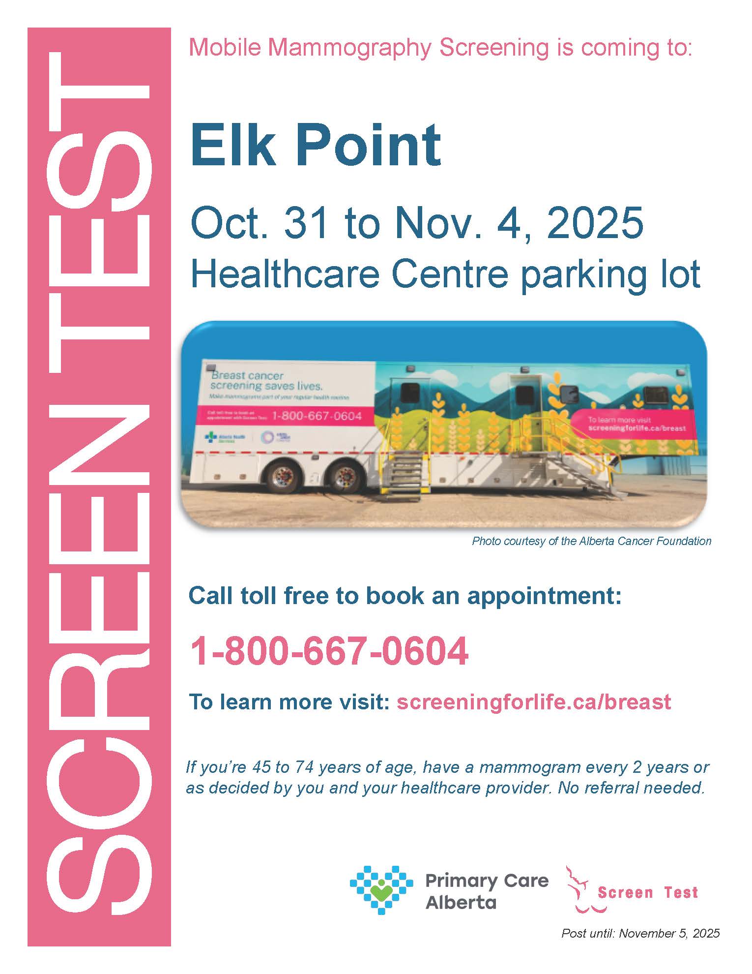 Primary Care Alberta event poster for the Screen Test Mammography Mobile Clinic from October 31-November 4, 2025, in Elk Point, Alberta