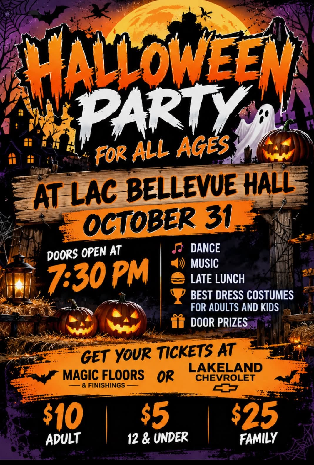 Lac Bellevue Community Hall event poster for a Halloween Party on October 31, 2026