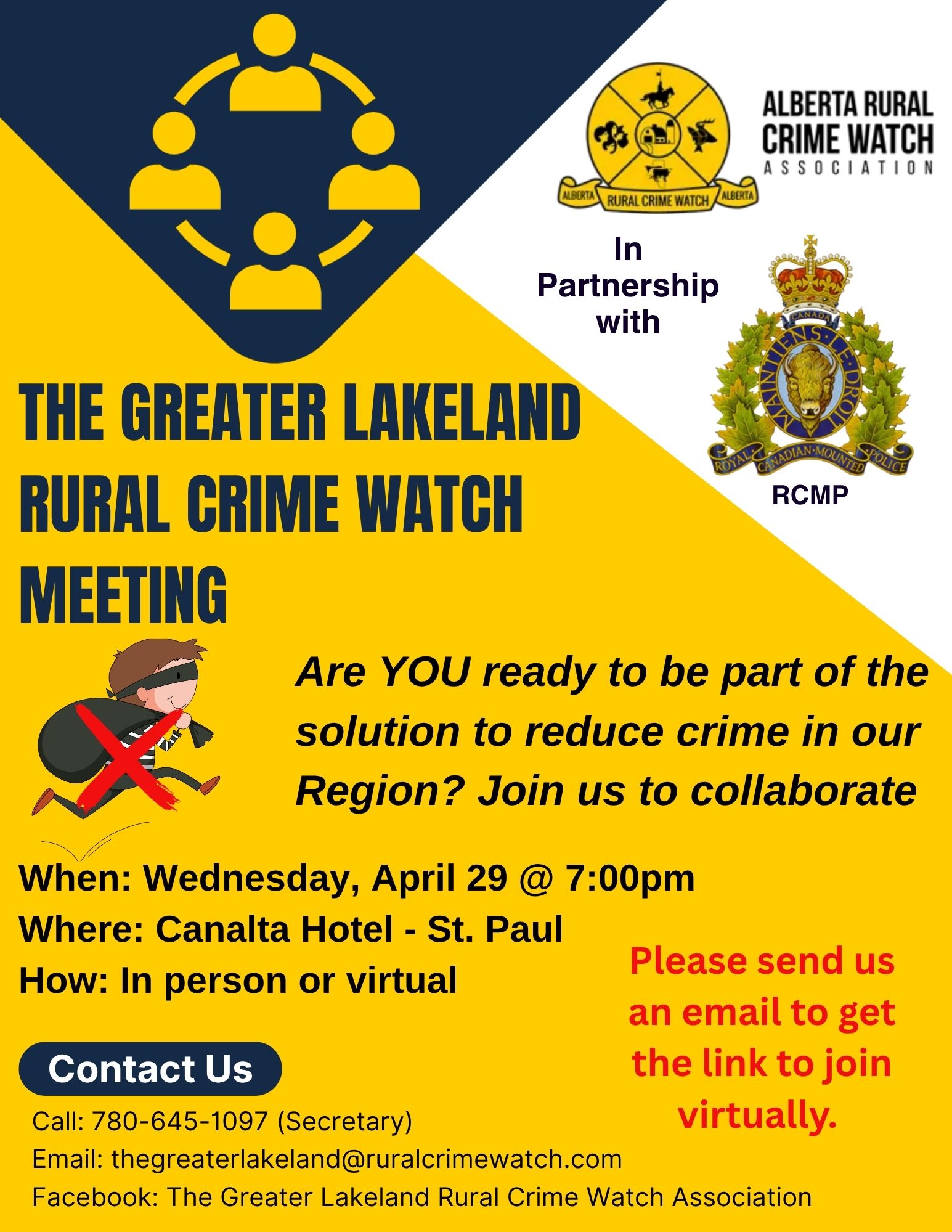 The Greater Lakeland Rural Crime Watch event poser for a Member Meeting on April 29, 2026, in St. Paul, Alberta