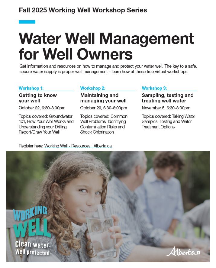 Government of Alberta event poster for Water Well Management for Well Owners, online from October-November 2025