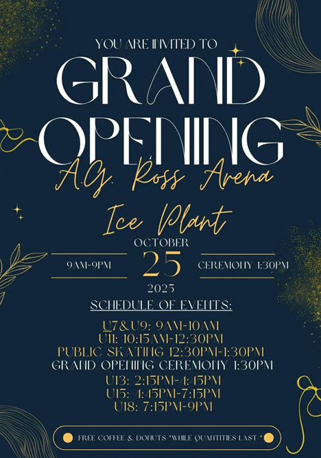 A.G. Ross Arena event poster for the Grand Opening of the new Ice Plant in Elk Point, Alberta, on October 25, 2025
