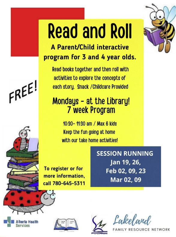 Lakeland Family Resource Network event poster for Read and Roll from January-March 2026 in St. Paul, Alberta