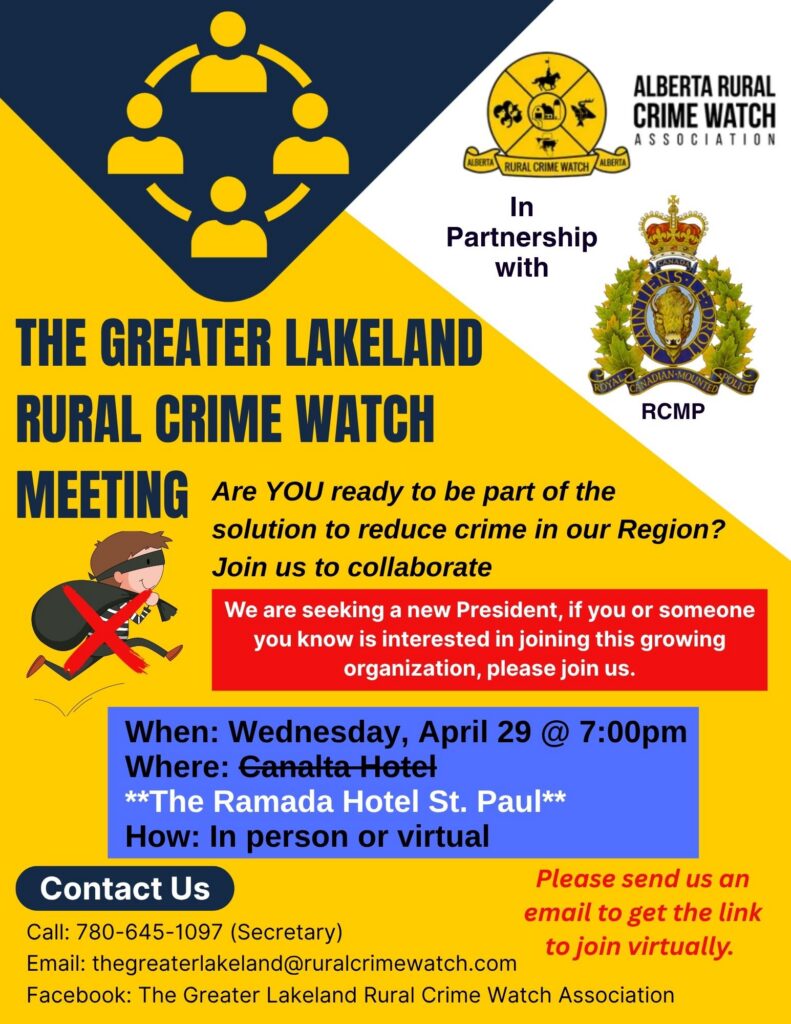 The Greater Lakeland Rural Crime Watch event poser for a Member Meeting on April 29, 2026, in St. Paul, Alberta