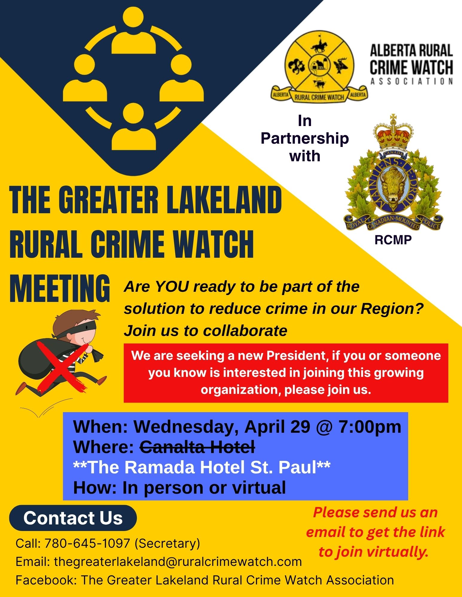The Greater Lakeland Rural Crime Watch event poser for a Member Meeting on April 29, 2026, in St. Paul, Alberta