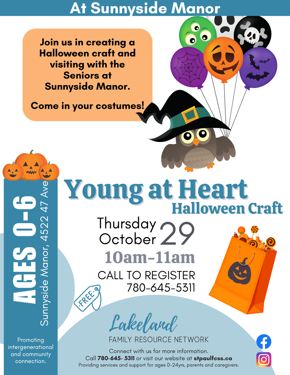Lakeland Family Resource Network event poster for Young at Heart - Craft at Sunnyside Manor on October 29, 2026, in St. Paul, Alberta