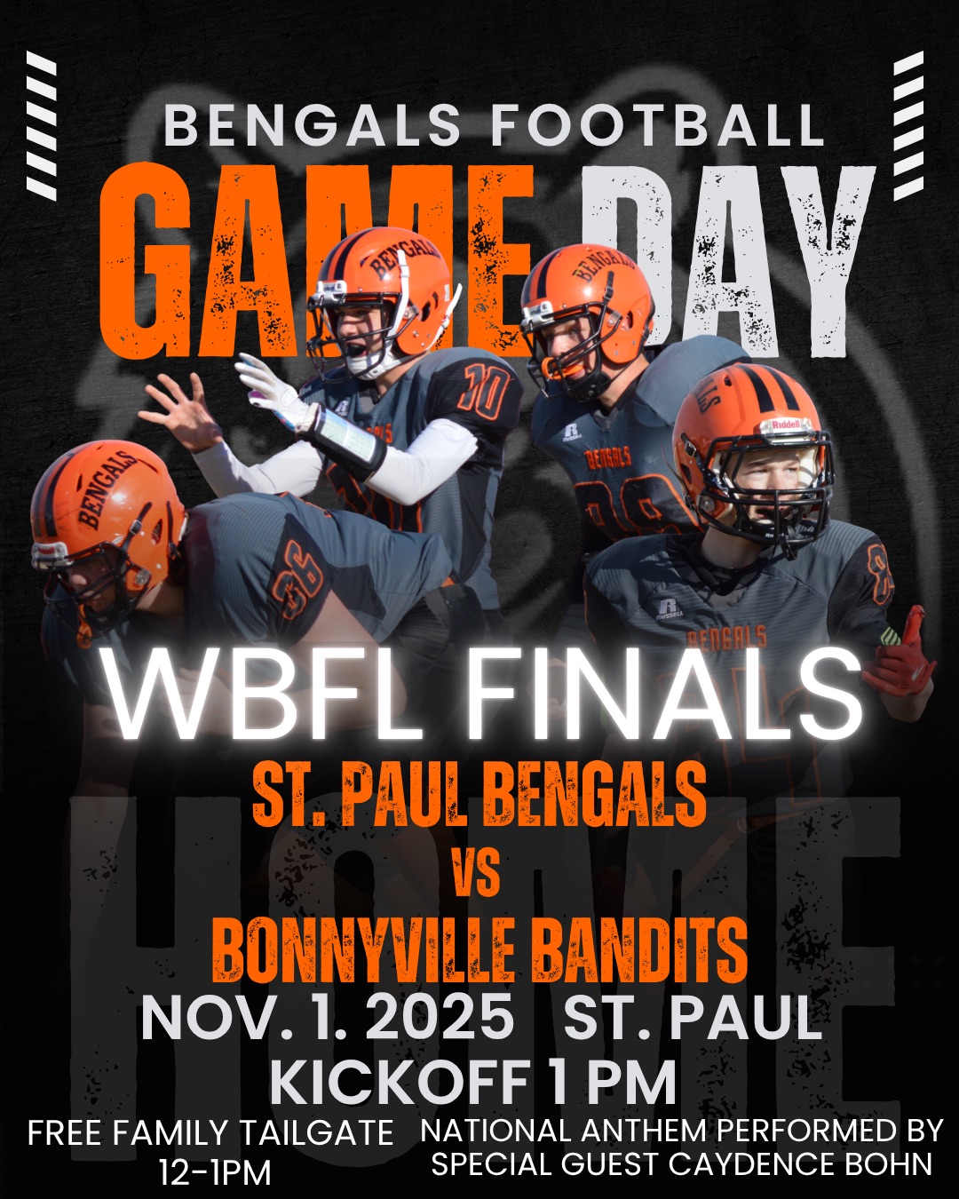 St. Paul Football Club event poster for the Wheatland Bantam Football League Finals on November 1, 2025