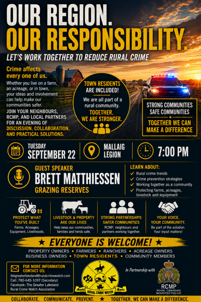 Greater Lakeland Rural Crime Watch event poster for the Member Meeting on September 22, 2026, in Mallaig, Alberta