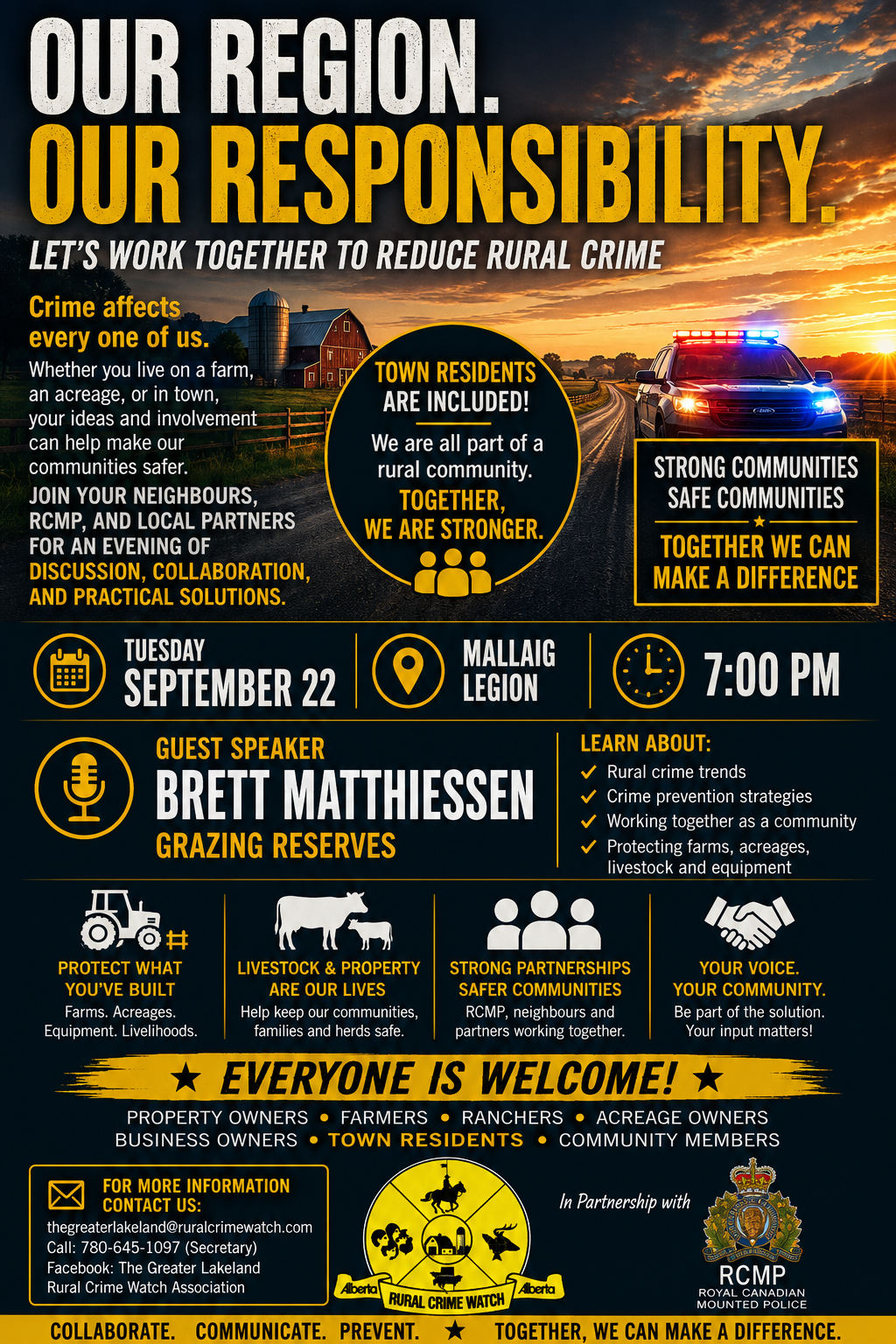 Greater Lakeland Rural Crime Watch event poster for the Member Meeting on September 22, 2026, in Mallaig, Alberta