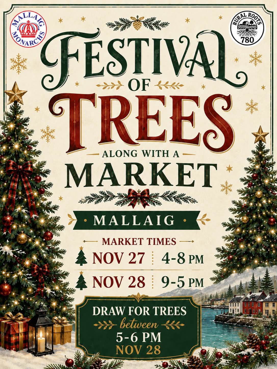 Mallaig Monarchs event poster for Festival of Trees & Christmas Market from November 27-28, 2026