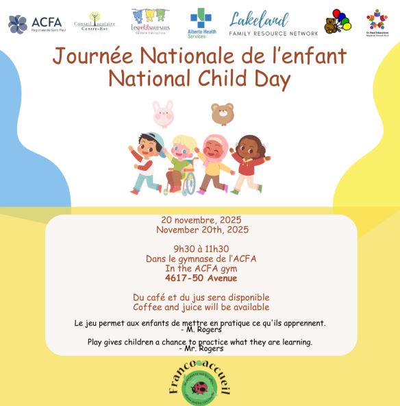 Franco-accueil event poster for National Child Day on November 20, 2025, in St. Paul, Alberta