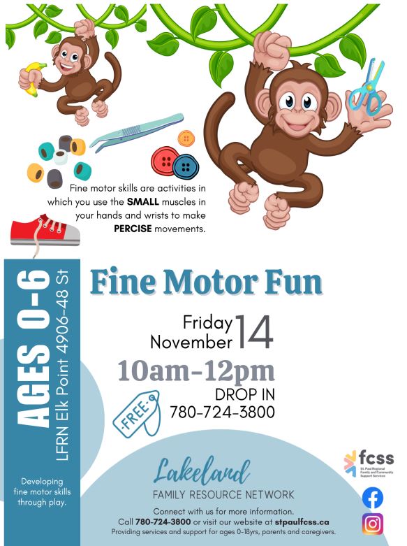 Lakeland Family Resource Network event poster for Fine Motor Fun in Elk Point, Alberta, on November 14, 2025