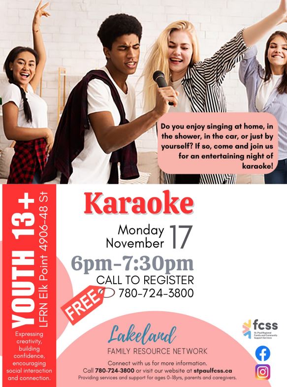 Lakeland Family Resource Network event poster for Karaoke in Elk Point, Alberta, on November 17, 2025