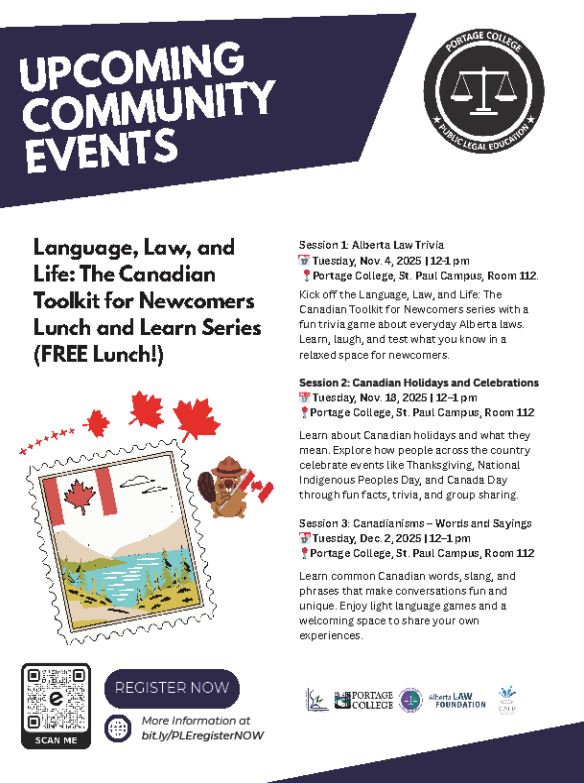 Portage College Public Legal Education event poster for Language, Law, and Life: The Canadian Toolkit for Newcomers Lunch & Learn Series from November-December, 2025, in St. Paul, Alberta