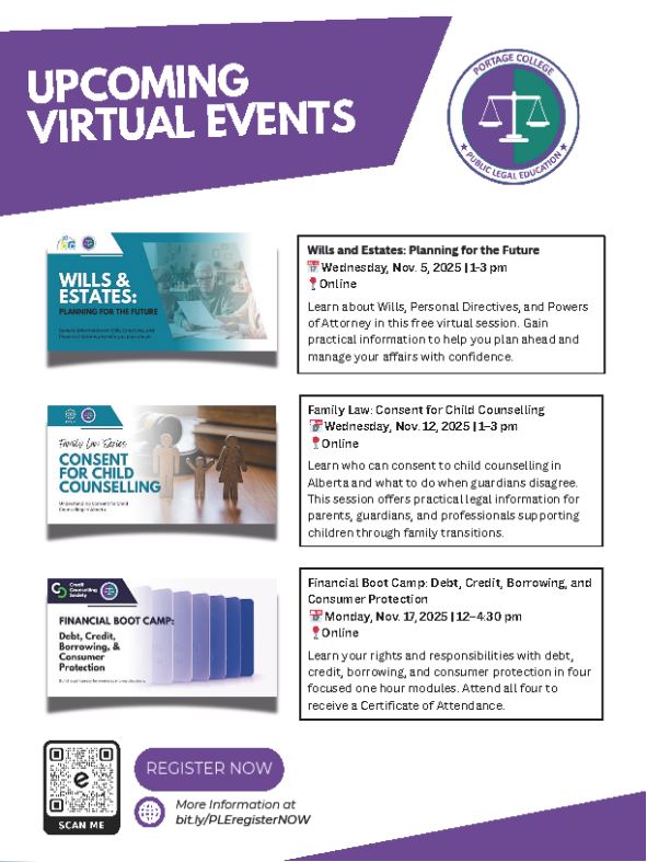 Portage College Public Legal Education event poster for November 2025 Virtual Events