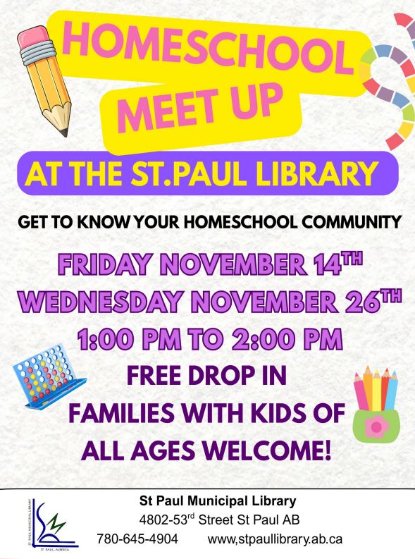 St. Paul Municipal Library event poster for Homeschool Meet-up in November 2025