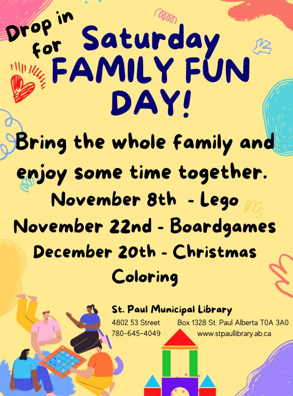 St. Paul Municipal Library event poster for Family Fun Day on November 8 & 22 and December 20, 2025