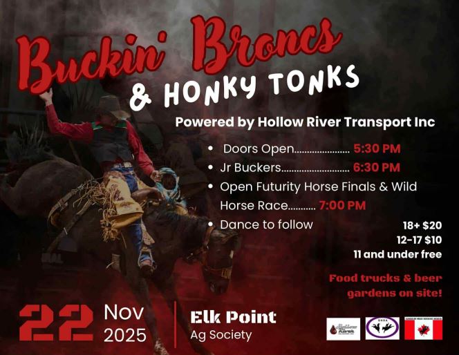 Elk Point Ag Society event poster for Buckin' Broncs & Honky Tonks on November 22, 2025