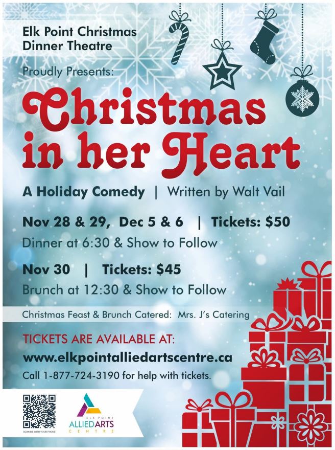 Elk Point Allied Arts event poster for Christmas in Her Heart dinner theatre in November and December 2025