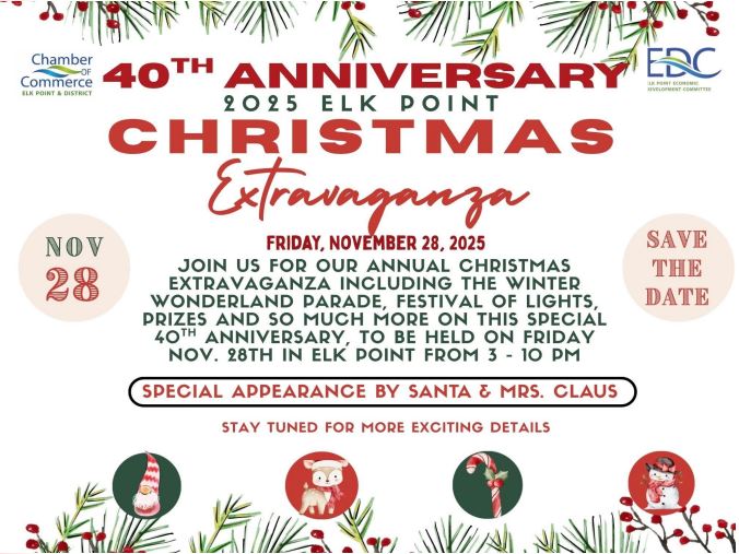 Elk Point & District Chamber of Commerce event poster for the Elk Point Christmas Extravaganza on November 28, 2025