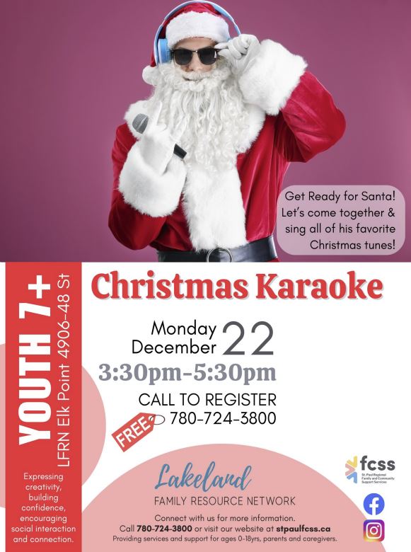 Lakeland Family Resource Network event poster for Christmas Karaoke in Elk Point, Alberta, on December 22, 2025