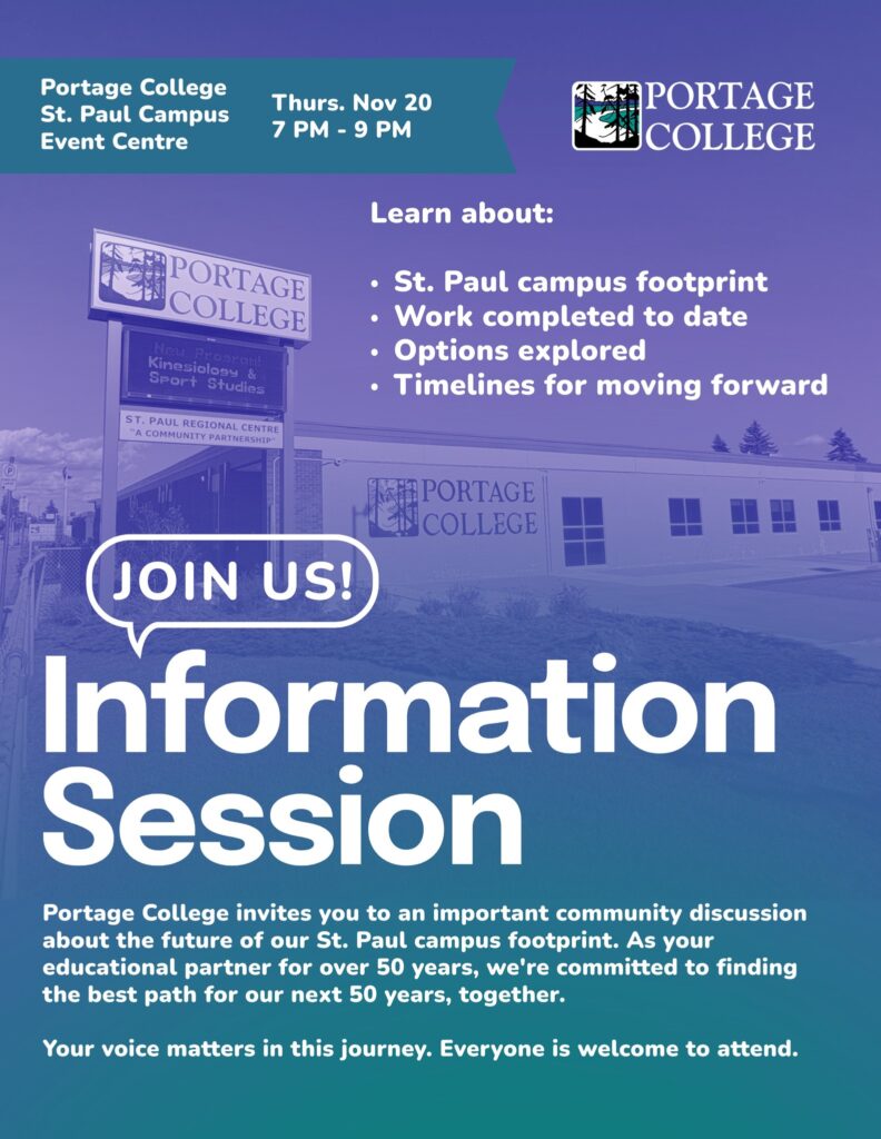 Portage College event poster for the St. Paul Campus Information Session on November 20, 2025