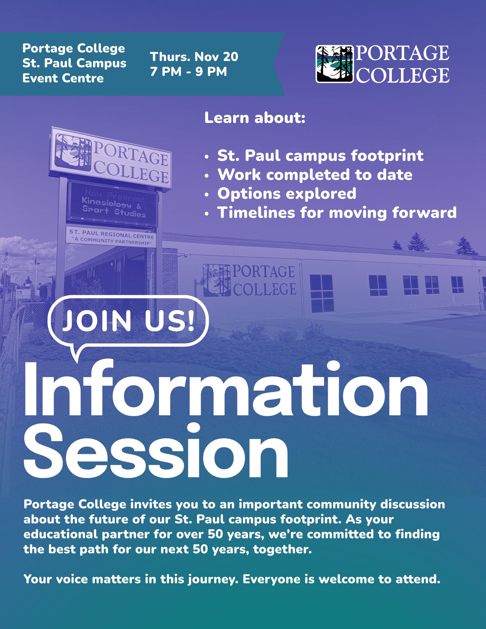 Portage College event poster for the St. Paul Campus Information Session on November 20, 2025