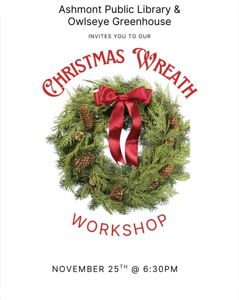 Ashmont Library event poster for Christmas Wreath Workshop on November 25, 2025