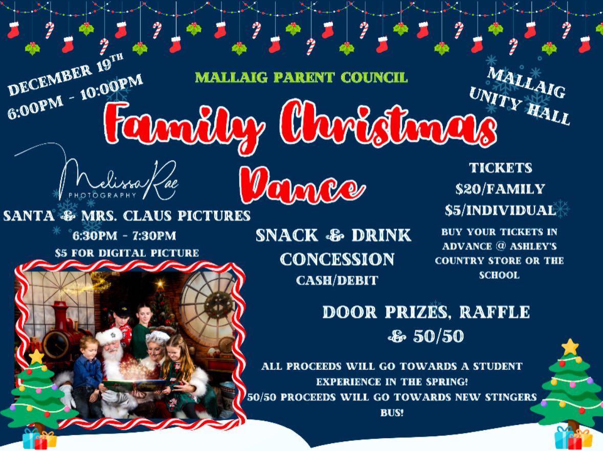 École Mallaig Parent Council event poster for Family Christmas Dance on December 19, 2025