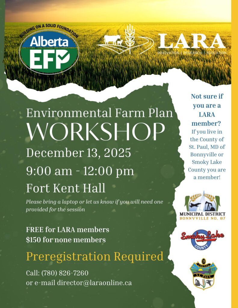 Lakeland Agricultural Research Association event poster for Environmental Farm Plan Workshop in Fort Kent, Alberta, on December 13, 2025