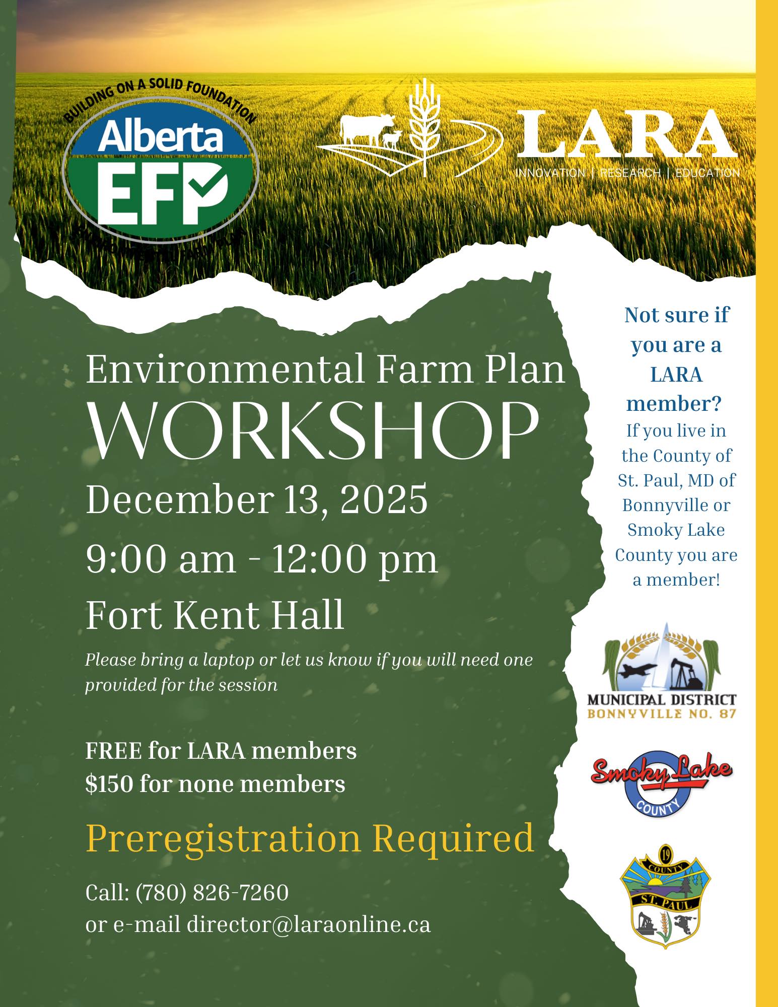 Lakeland Agricultural Research Association event poster for Environmental Farm Plan Workshop in Fort Kent, Alberta, on December 13, 2025