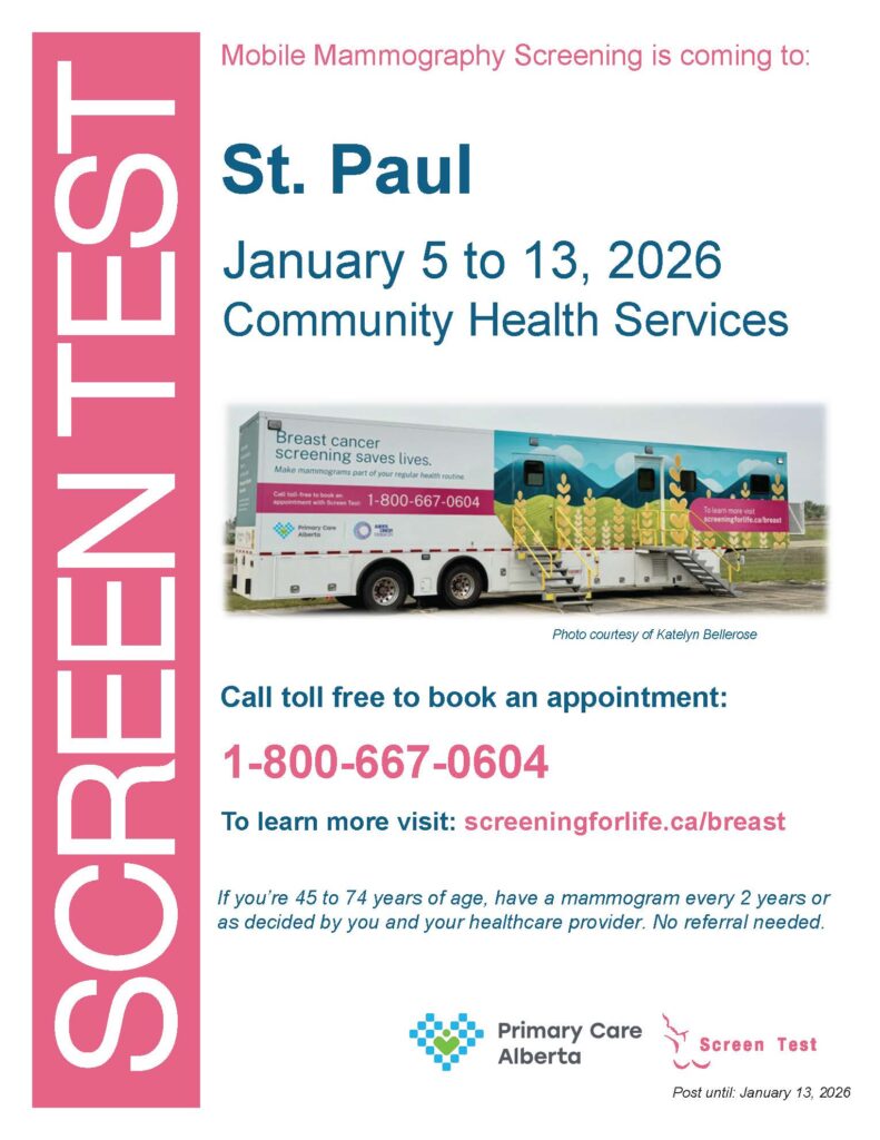 Primary Care Alberta event poster for the Screen Test Mammography Mobile Clinic from January 5-13, 2026, in St. Paul, Alberta