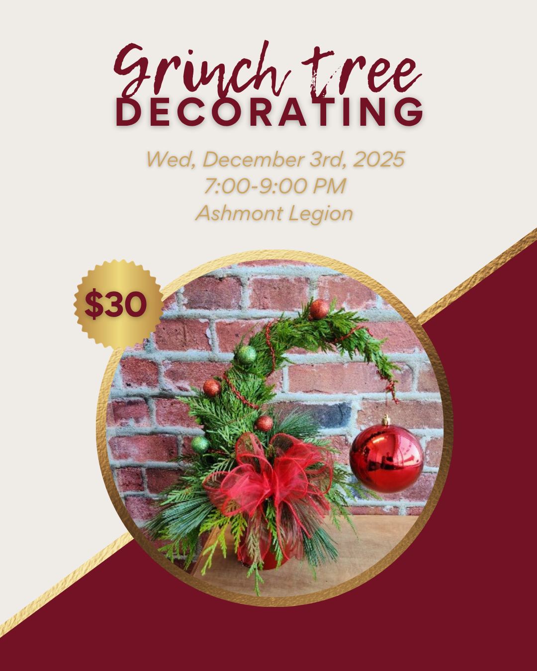 Ashmont Legion event poster for Grinch Tree Decorating on December 3, 2025