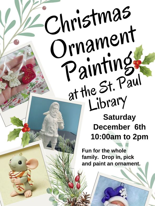 St. Paul Municipal Library event poster for Christmas Ornament Painting on December 6, 2025
