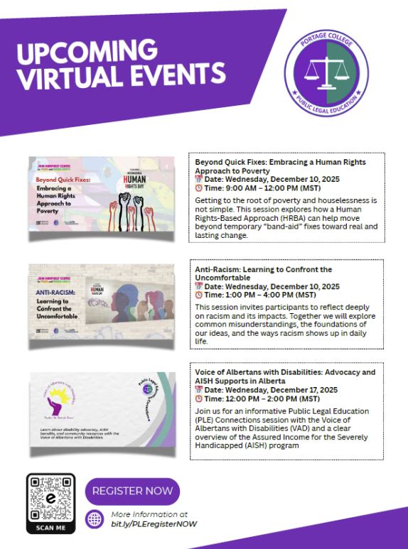 Portage College Public Legal Education event poster for December 2025 virtual workshops