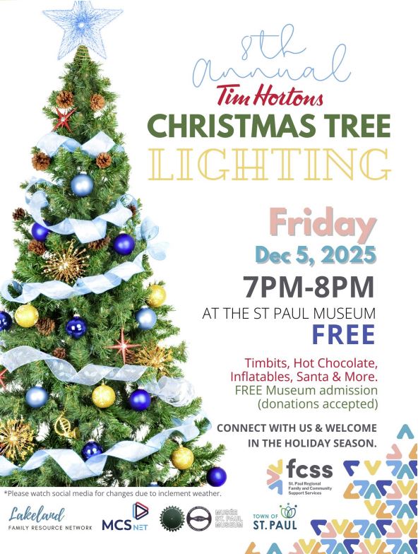 St. Paul Regional FCSS event poster for the annual Christmas Tree Lighting on December 5, 2025