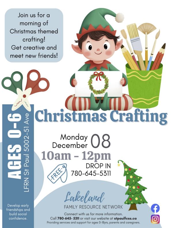 Lakeland Family Resource Network event poster for Christmas Crafting in St. Paul, Alberta, on December 8, 2025