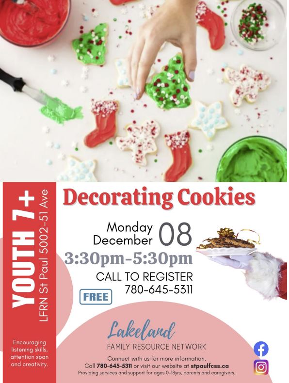 Lakeland Family Resource Network event poster for Decorating Cookies in St. Paul, Alberta, on December 8, 2025