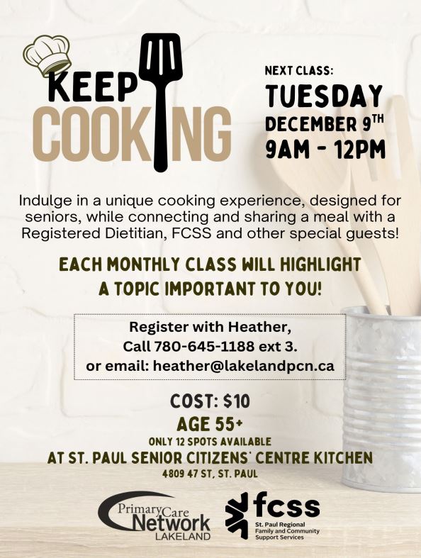 Lakeland Primary Care Network event poster for Keep Cooking seniors' class on December 9, 2025, in St. Paul, Alberta