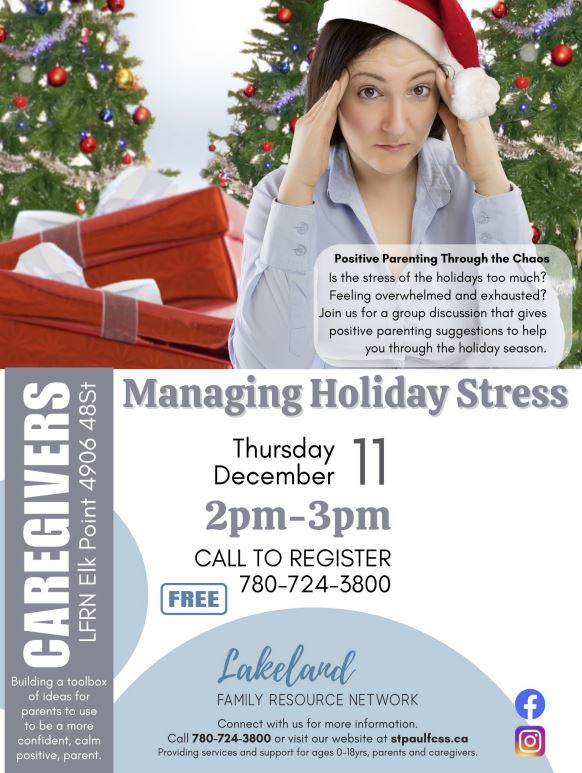 Lakeland Family Resource Network event poster for Managing Holiday Stress on December 11, 2025, in Elk Point, Alberta