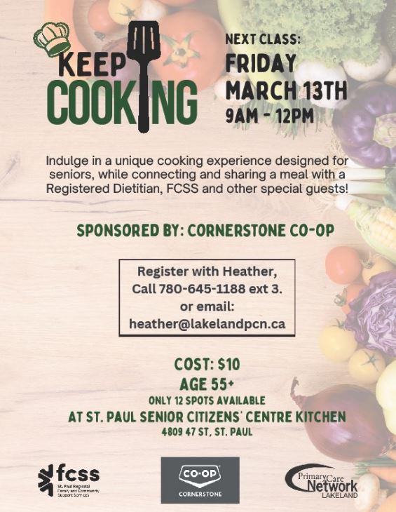 Lakeland Primary Care Network event poster for Keep Cooking in St. Paul, Alberta, on March 13, 2026