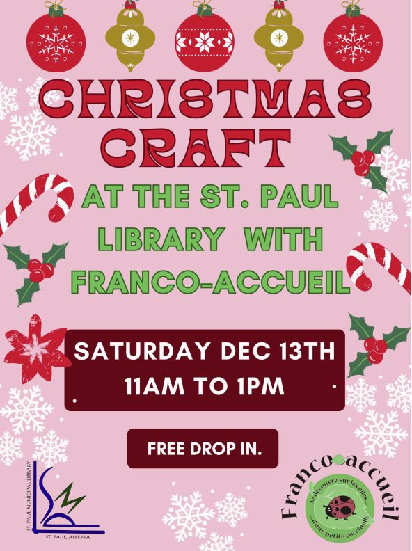 St. Paul Municipal Library event poster for Christmas Craft with Franco-accueil on December 13, 2025