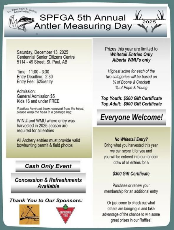 St. Paul Fish & Game Association event poster for Antler Measuring Day on December 13, 2025