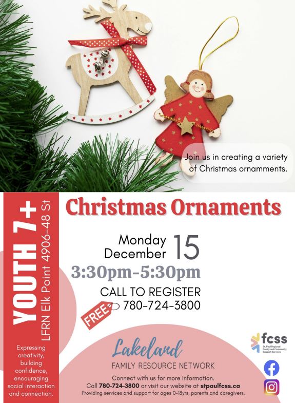Lakeland Family Resource Network event poster for Christmas Ornaments in Elk Point, Alberta, on December 15, 2025